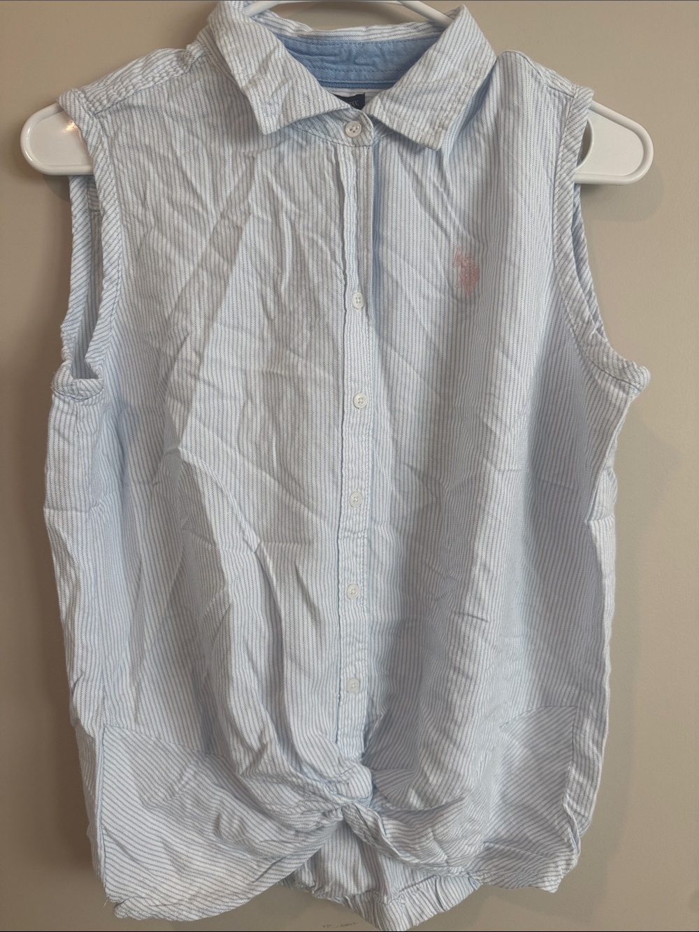 Polo Sleeveless Button-Front Shirt - Light Blue Stripe